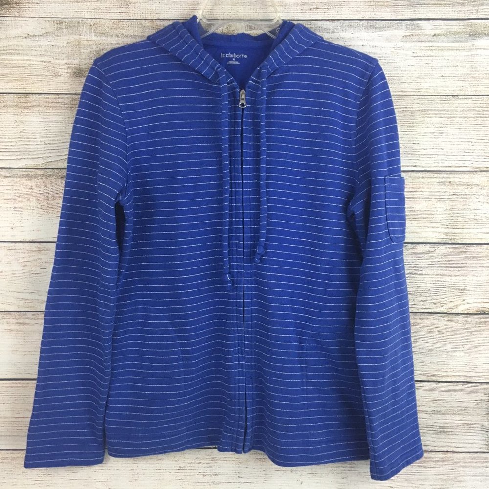 VTG Liz Claiborne Hoodie Blue Silver Metallic Striped Full Zip Women's M